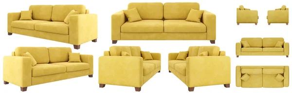 Zeitgenössisches Gelbes Stoffsofa Sofa Von Verschiedenen Seiten Sofaprojektion Für Design — Stockfoto