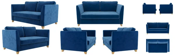 現代的な青いファブリックソファ 別の側面からのソファ デザイン コラージュ バナーのソファ投影 — ストック写真