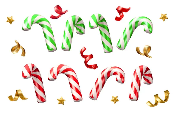 stock vector Christmas candy cane decoration elements. Vector 3d icon set. Realistic render New Year illustration. Green and red golden designs