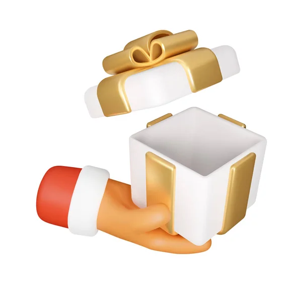 Weihnachtsgeschenk Symbol Der Weihnachtsmann Hält Eine Geöffnete Geschenkbox Der Hand — Stockvektor