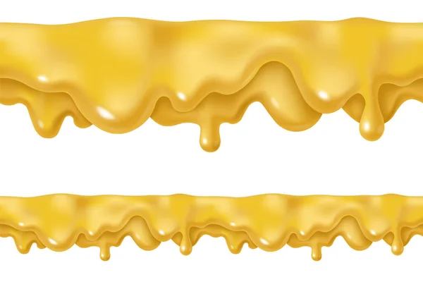 溶かしたチーズを滴下するか マスタードソースのデザイン ベクトル3D液体塗料の汚れイラスト 現実的な水平シームレスな境界線 — ストックベクタ
