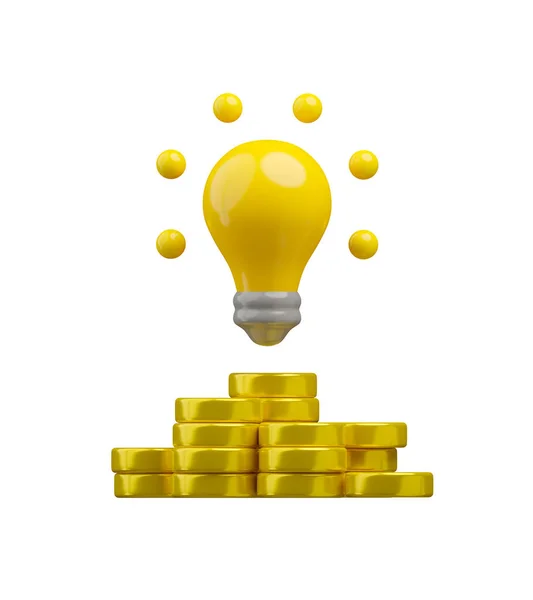 让钱的概念 灯泡与硬币3D图标 创业项目投资理念说明 — 图库照片