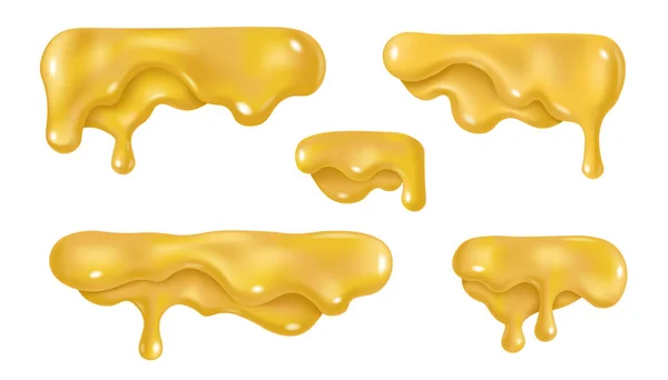 溶かしたチーズを滴下するか マスタードソースのデザイン ベクトル3D液体塗料の汚れイラスト 現実的な水平方向の境界要素は — ストックベクタ