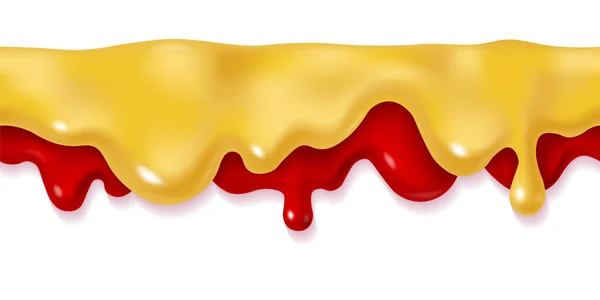 Druppelende Ketchup Mosterdsaus Ontwerp Vector Vloeibare Verf Vlek Illustratie Realistische — Stockvector