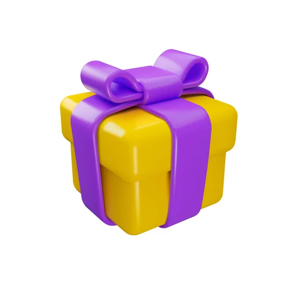 矢量3D礼品盒图标 卡通片上的彩带弓与白色背景隔离 黄色和紫色的渲染插图 — 图库矢量图片