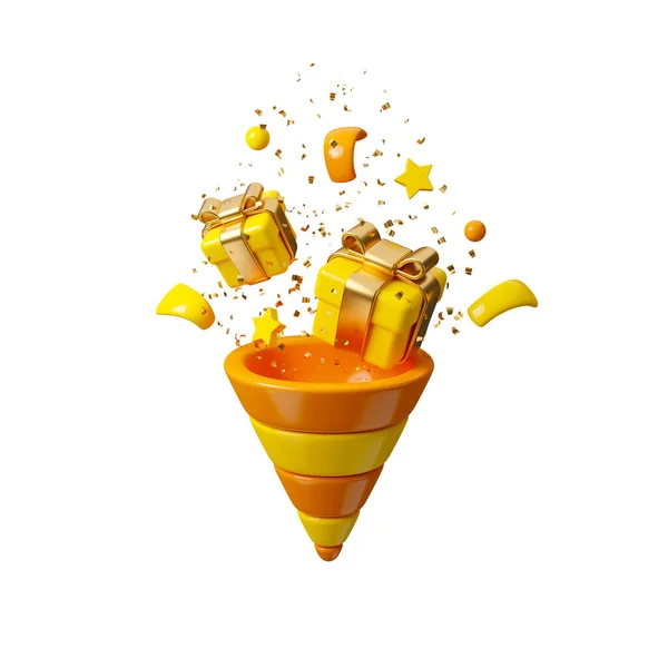 3d render party popper with gift boxes. Cartoon emoji of birthday present confetti explosion. Simple minimal illustration isolated on white background. Sale design in orange, yellow and golden colors