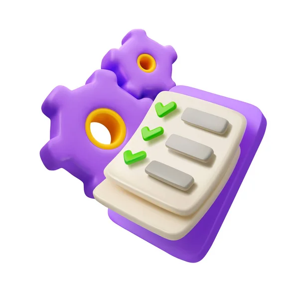 Vektör 3d simge teknik kontrol listesi. Vitesli ve işaretli yapılacaklar listesi. Çizgi film çizimi çizimi beyaz arkaplanda izole edildi