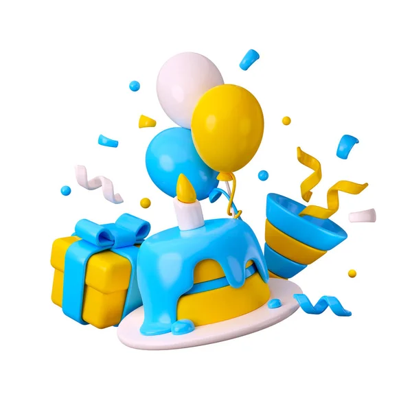 3Dレンダリング青の誕生日の組成 白い背景に隔離された少年のためのシンプルな最小限のスタイルの組成 キャンドル 風船やギフトボックス付きケーキ — ストック写真