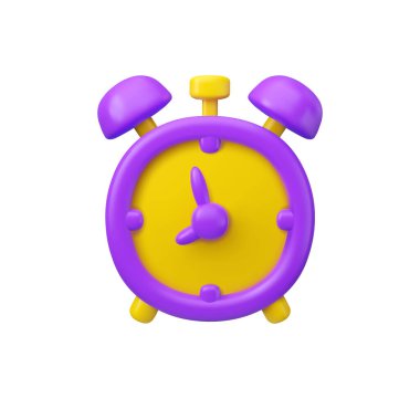 Vektör 3 boyutlu alarm simgesi. Mor ve sarı çizgi film saati beyaz arkaplanda izole edilmiş..