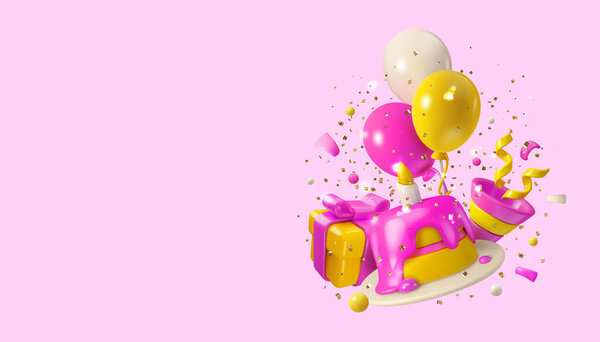 Векторный 3D розовый баннер дня рождения. Простой минимальный стиль рендеринга, изолированный на розовом фоне пастели. Торт со свечами, воздушными шарами и подарочной коробкой