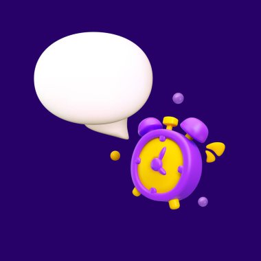 Konuşma baloncuğu illüstrasyonuyla çalan 3 boyutlu alarm saati. Mor ve sarı çizgi film saati koyu arkaplanda izole edilmiş.