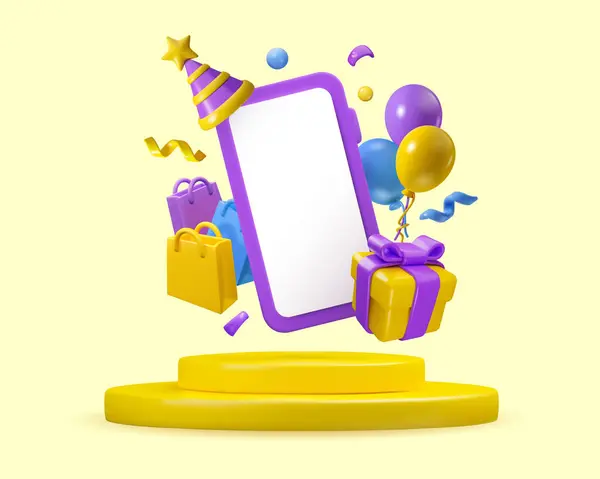 Doğum günü hediyesi, konfeti ve balonlarla dolu 3 boyutlu telefon. Sarı arka planda izole edilmiş indirimli kutlama illüstrasyonu. Akıllı telefon modeli veya şablonu