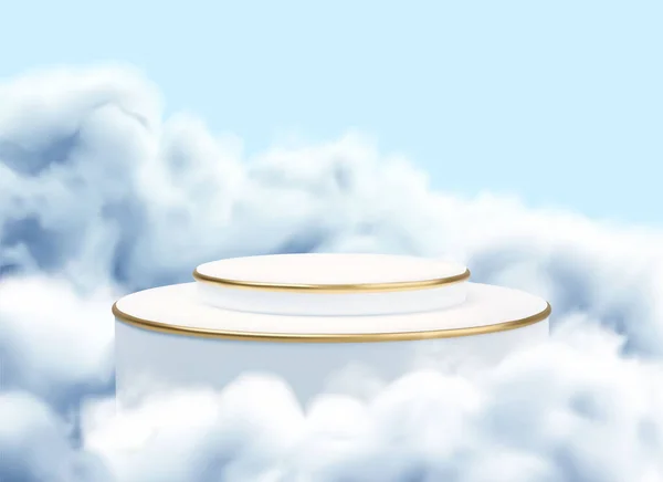 Mavi bulutlar içinde beyaz kürsü. Gökyüzünde iki katlı gerçekçi altın bir platform. Ürün sunumu için soyut modelleme