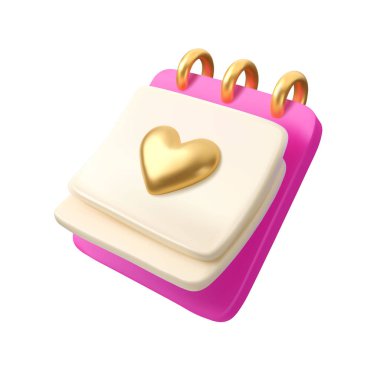 Altın kalp ikonu şablonlu vektör 3 boyutlu doğum günü takvimi. Pembe çizgi film çizim ajandası, beyaz arkaplanda izole edilmiş, özel randevu günü konsepti
