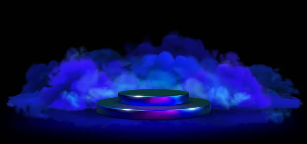 Vektör neon podyum ve yerde mavi duman. Siyah arkaplanda parlayan bulutlar, boş floresan platformlu pankart şablonu. Cadılar Bayramı ya da fütüristik illüstrasyon