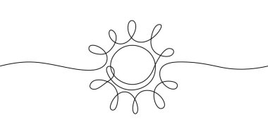 Bir çizgi güneş eskizi. Sürekli karalama sanatı çizimi, parlak, güneşli ikon izole edilmiş. Düzenlenebilir vuruş