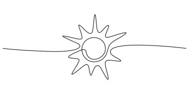 Aralıksız çizilmiş bir güneş çizimi. Doodle sanat çizimi, parlak doğrusal güneşli ikon izole edilmiş. Düzenlenebilir vuruş, vektör dipnotu tasarımı