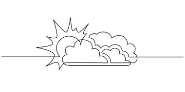 Bulut çiziminin arkasına bir çizgi güneş. Sürekli karalama sanatı çizimi, yaratıcı doğrusal hava ikonu izole edildi. Düzenlenebilir ince vuruş