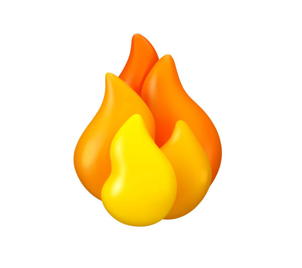 Vector 3d fire icon. Cartoon flame emoji isolated on white background. Orange design element