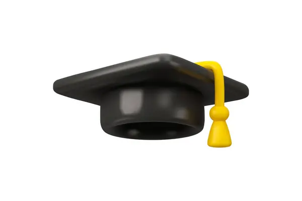 毕业帽矢量3D图标 方格学术帽 简朴的卡通风格 背景为白色 教育设计元素 牛津黑板 黑色和黄色 — 图库矢量图片