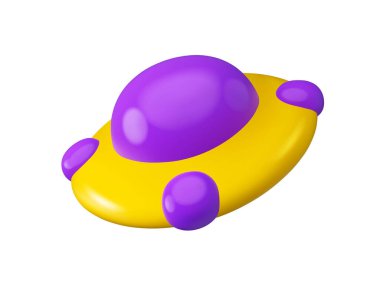 UFO vektör 3d simgesi. Tanımlanamayan uçan nesne, beyaz arka planda izole edilmiş basit sevimli bir illüstrasyon. Çocuk oyuncağı, çizgi film uzay gemisi