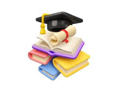Üniversite öğrenme vektörü 3d simgesi. Diplomalı mezuniyet şapkası ve açık bir kitap, yüksek öğrenim tanıtım konsepti. İnternette çalış, sertifikalı kurs