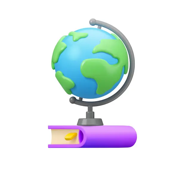 Coğrafya ikonu. Okul vektörü 3D tasarımına geri dönelim. Uluslararası Edebiyat Günü illüstrasyonu. Dünya beyaz arka planda izole edilmiş bir kitabın üzerinde duruyor