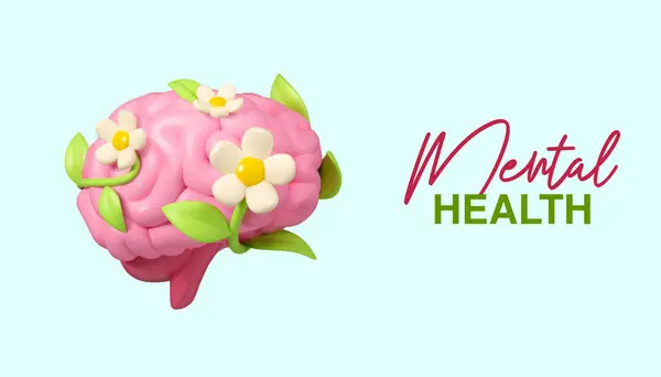 Pozitif düşünce vektörü 3d sancak. Dünya Akıl Sağlığı Günü konsepti. Mavi arkaplanda çiçek çizimi olan basit bir çizgi film beyni, web pankartı şablonu