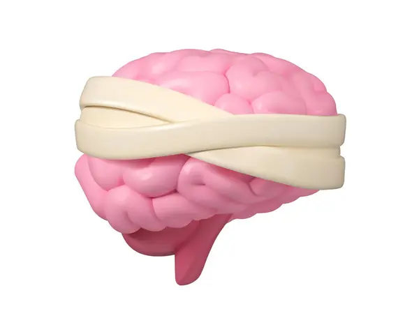 Bandaj vektörü 3D ikonlu beyin. Beyaz arka planda izole edilmiş zihinsel bozukluğun çizgi film çizimi. Zihin terapisi ya da sinir cerrahisi