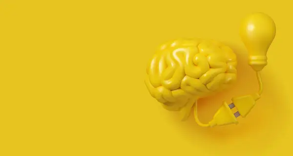 Modern sarı yaratıcılık bayrağı. Vektör 3 boyutlu bilgi konsepti. Beyin fırtınası veya eğitim yeniliği illüstrasyon, fikir üretme arka plan