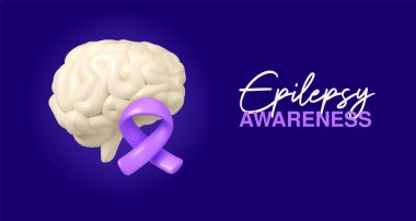 Epilepsi farkındalığı ayı pankartı. Vektör 3 boyutlu karikatür çizimi, beyin ve mor kurdele, epilepsi önleme kavramı
