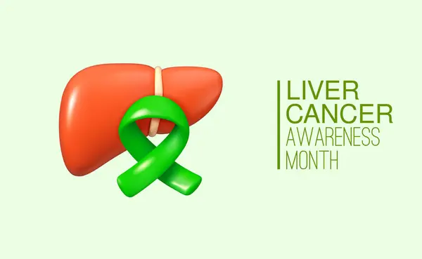Karaciğer kanseri farkındalığı ay vektörü 3d afişi. Basit karaciğer poster tasarımlı yeşil kurdele.,