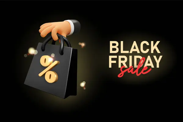 Kara Cuma 3D vektör pankartı. El ve alışveriş çantası indirimli karikatür arkaplanı. Satış şablonu, Noel pazarlama broşürü