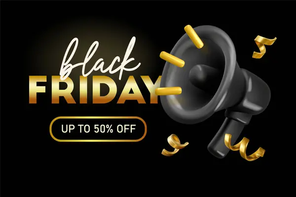 Kara Cuma vektör 3 boyutlu pankart satışı. Çizgi film arkaplanı, parlak siyah megafon ang altın konfeti şablonu, Noel lüks pazarlama broşürü