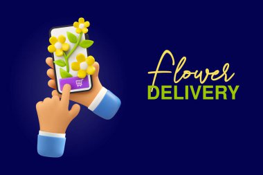 Çiçek teslimat vektörü 3d simgesi. Çizgi film afişi, çiçekçi dükkanı cep telefonu uygulamasından online sipariş.