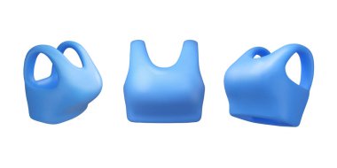 Kadın spor kırkma ikonu seti. Farklı pozisyonlarda mavi sütyen 3d çizim vektörü. Çizgi film kısa tişört koleksiyonu beyaz arkaplanda izole edildi