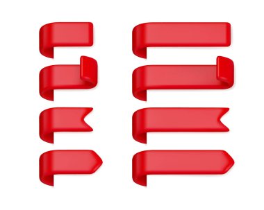 Kırmızı kurdele bayrakları hazır. Yer imi ya da fiyat etiketleri beyaz arkaplanda izole edildi. Yatay etiket koleksiyonu, promosyon için tasarım elemanları