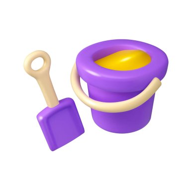 Kum kovası ve kürek vektör 3d simgesi. Plaj çocuğu oyuncağı beyaz arka planda izole edilmiş. Çizgi film sevimli illüstrasyon