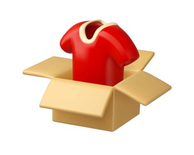 Giysi vektörü 3d simgesini bağışla. Kırmızı tişörtlü karton kutu izole edilmiş. Hayırseverlik konsepti. Kullanılan giysiler geri dönüşüm resimlemesi