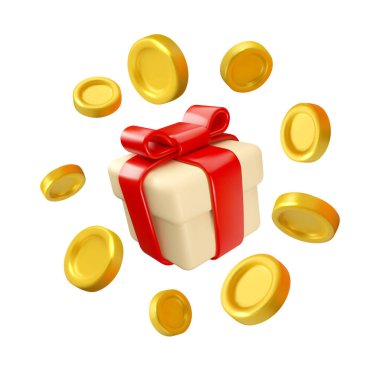 Altın paralarla dolu 3D vektör hediye kutusu. Altın sikkeler kırmızı kurdeleli basit parlak hediyeler etrafında uçuşuyor. Ödül ikramiyesi kavramı izole edildi.