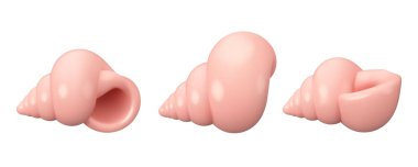 Vektör 3 boyutlu deniz kabuğu koleksiyonu. Pembe ya da mercan renkli deniz kabuğu, sevimli çizgi film basit izole ikon seti. Beyaz arka planda deniz hayvanı çizimi, akvaryum klipsi