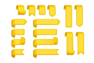 Sarı kurdele yer imi büyük vektör kümesi. Dikey ve yatay zarif 3D pankartlar ya da fiyat etiketleri izole edildi. Etiket simgeleri koleksiyonu, satılık tasarım ögeleri, promosyon, gerçekçi bayrak rozetleri