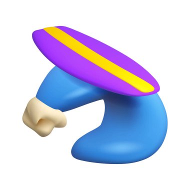 Okyanus dalgası vektörü 3D karikatür simgesi üzerinde sörf tahtası. Deniz dalgası üzerinde sörf tahtası, beyaz arka planda izole edilmiş yaz sporları illüstrasyonu