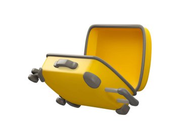 Basit bir çizgi film açık bavul uçuşu. Beyaz arkaplanda boş bagaj çantasının vektör 3 boyutlu simgesi var. Yaz tatili bagaj çizimi