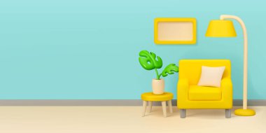 Oda içi vektör 3 boyutlu pankart şablonu. Ev mobilyalarının resimleme şablonu. Koltuk, lamba, sehpanın üstündeki saksıda bitki. Duvarda asılı resim