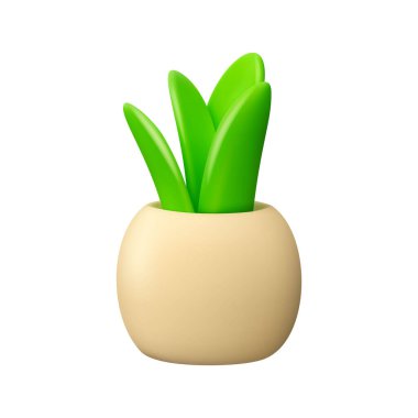 Ev bitkisi bir saksı vektör 3d simgesinde. Ev içi için soyut karikatür çiçeği, beyaz arkaplanda izole.