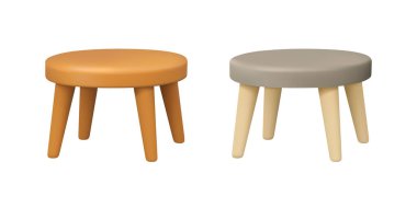 Sehpa vektörü 3d simgesi. Çizgi film çay masası beyaz arka planda izole edilmiş. Modern mobilyalar. Dört ayaklı tahta tabure.