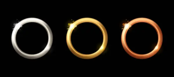 Metal yuvarlak, kalın çerçeveler. Siyah arka planda izole edilmiş parlak efektli gerçekçi altın, gümüş ve bronz rozetler. Birinci, ikinci ve üçüncü sırada madalyon ödülü veya düğme.