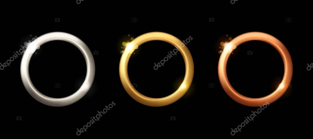 Metal round thick frames set. Vector realistic gold, silver and bronze badges with shining effect isolated on black background. First, second and third place medallion award or button.
