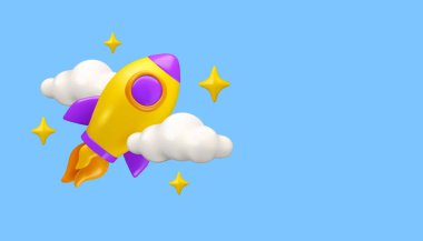 Uzay gemisi gökyüzü vektörü 3d pankartıyla uçuyor. Bulutları ve yıldızları olan sevimli çizgi film roketi. Yenilik, uzay yolculuğu veya başlangıç konsepti